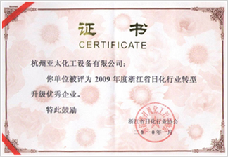 Zhejiang daily chemical industry transformation and upgrading excellent enterprise certificate